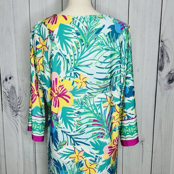 Beach Break Shift Dress Women’s Size Large Bright Colorful 3/4 Sleeve Stretch - Picture 9 of 12